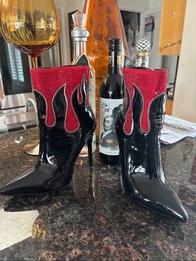 AKIRA Black Patent Stiletto Booties with Red Sparkle Cuff